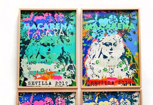 Los cuatro carteles de la Macarena de Manolo Cuervo, expuestos en la casa de hermandad