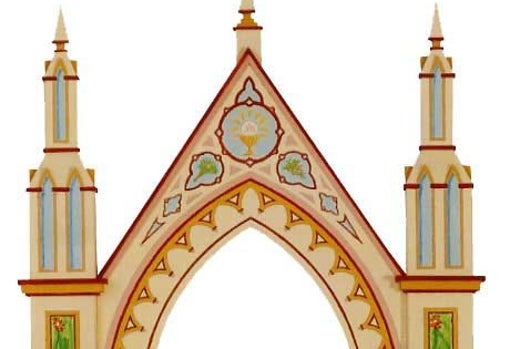 Detalle de la portada del Corpus Christi de 2003 con la fachada principal del santuario de los Gitanos