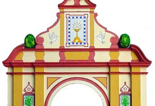 Detalle de la portada del Corpus Christi de 2006 con la fachada de la basílica de María Auxiliadora