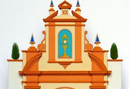 Detalle de la portada del Corpus Christi de 2011 con la fachada de la capilla de los Humeros