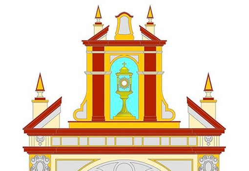 Detalle de la portada del Corpus Christi de 2015 con la fachada de la basílica del Gran Poder