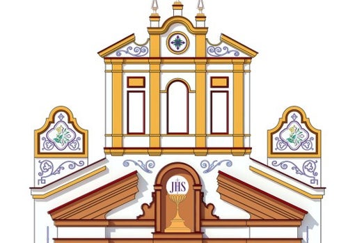 Detalle de la portada del Corpus Christi de 2017 con la espadaña de la parroquia de San Gonzalo