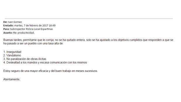 Correo electrónico enviado por el alcalde de Espartinas al jefe de la Policía Local explicándole el recorte del plus de productividad en la nómina de enero de 2017