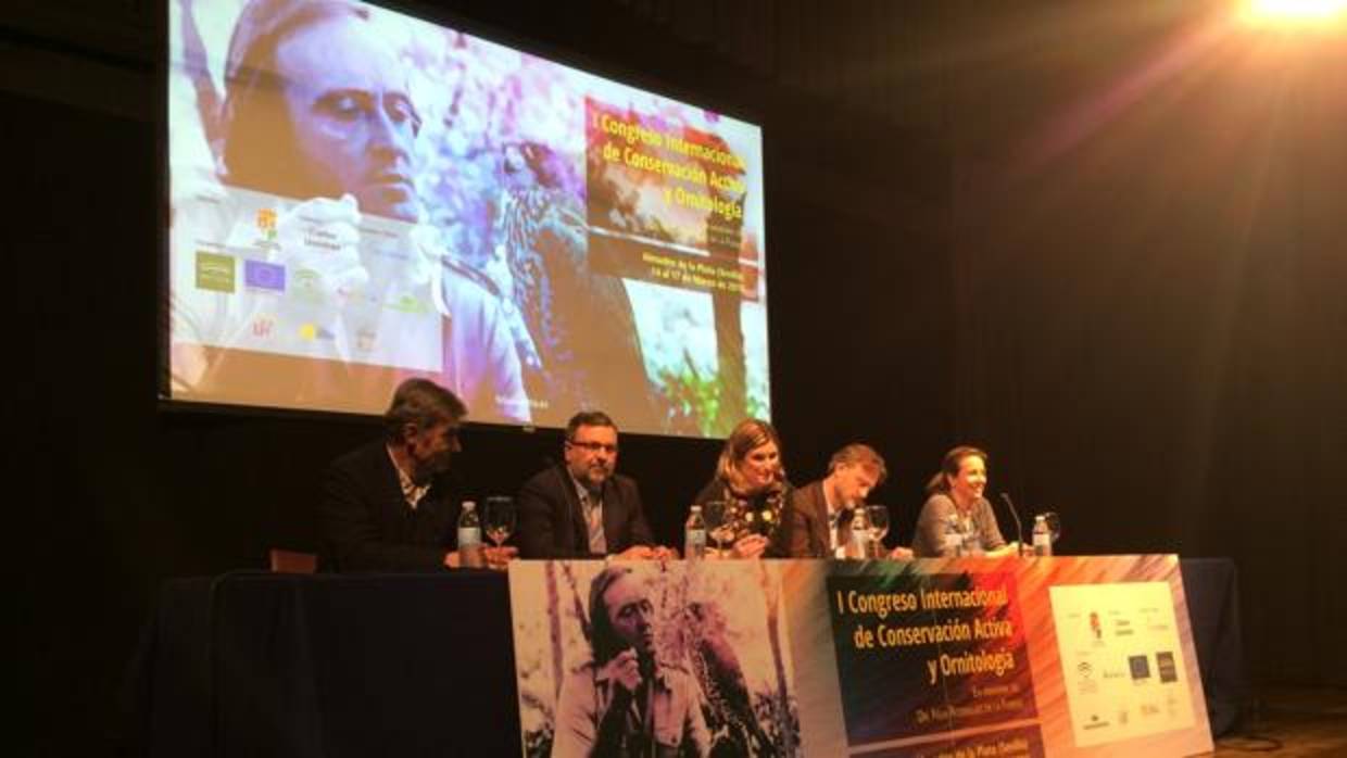 El consejero de Medio Ambiente y otras autoridades del Congreso de Almadén, durante la bienvenida institucional a los participantes