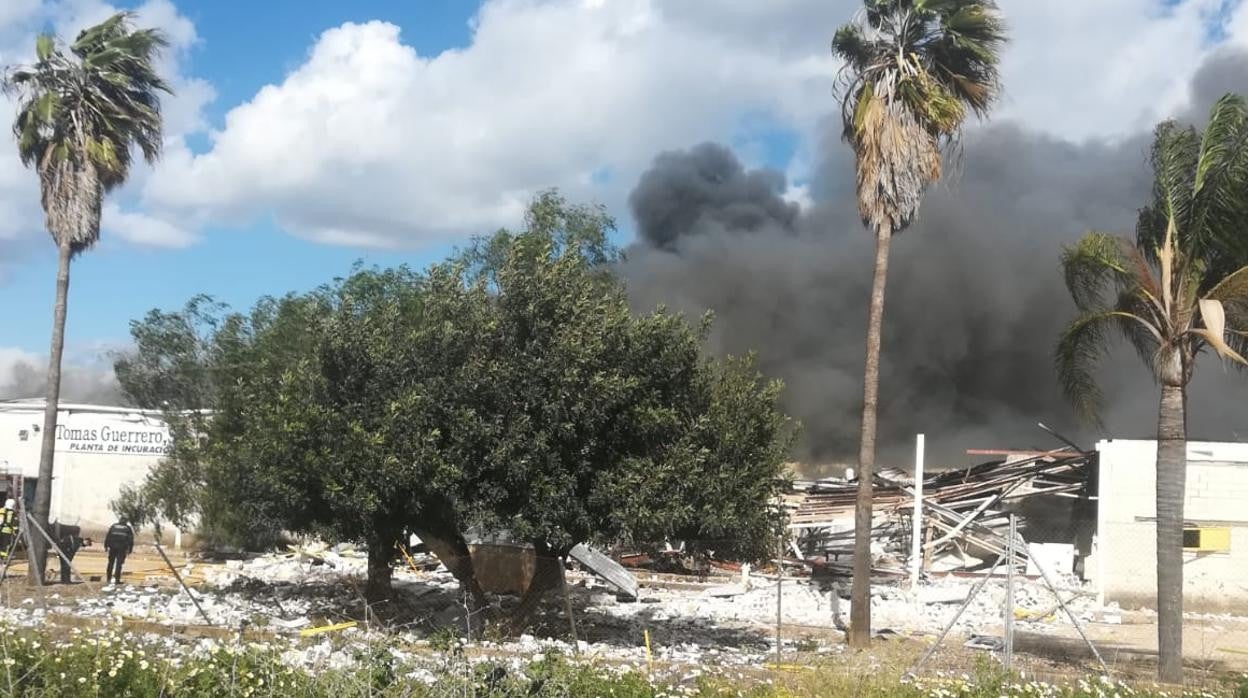 La nave avícola de Morón envuelta en una gran columna de humo tras sufrir una deflagración