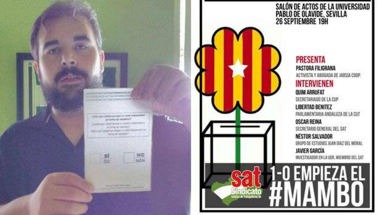 El portavoz del Sindicato Andaluz de Trabajadores, Óscar Reina, con una papeleta del referéndum ilegal. A la derecha el cartel del acto que ha sido desautorizado por la Universidad Pablo de Olavide pero que el SAT mantiene