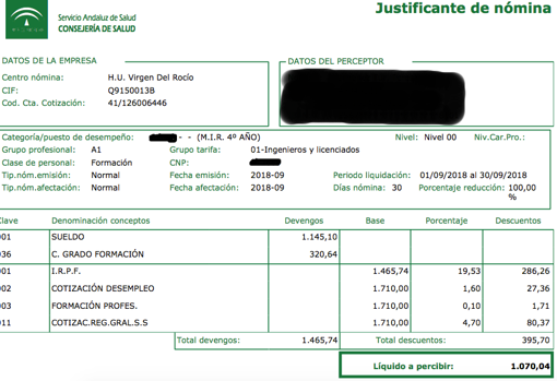 Nómina de un facultativo especialista con 100% de dedicación al SAS
