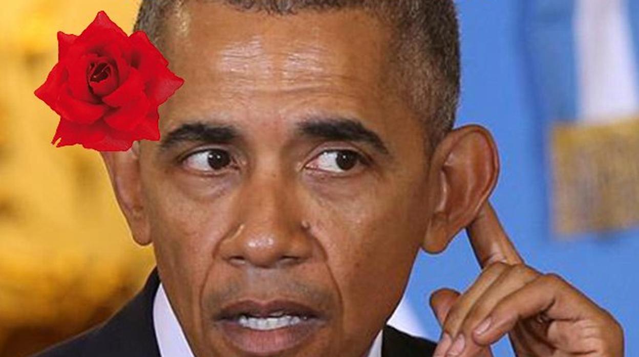 Montaje que muestra a Obama recorriendo la ciudad en patinete