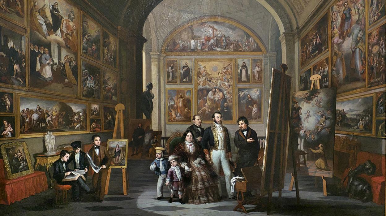Detalle de «Visita del conde de Ybarra y su familia al Museo de Bellas Artes de Sevilla» (1856)