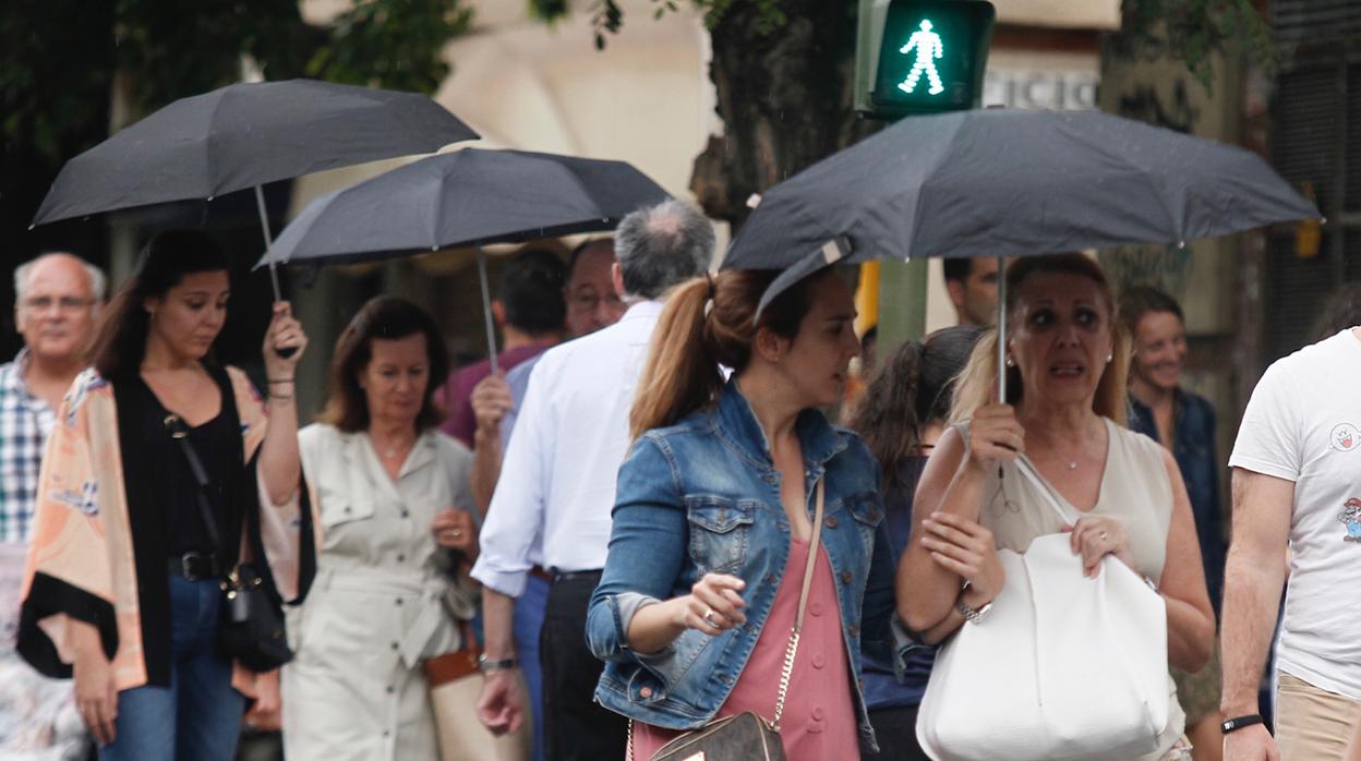 Un grupo de personas cruza la calle con paraguas debido a la lluvia