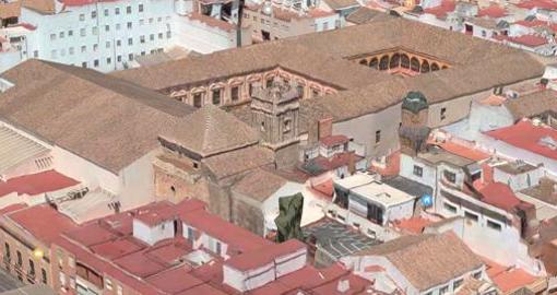 Recreación en 3D del antiguo convento del Carmen, con la torre y la iglesia