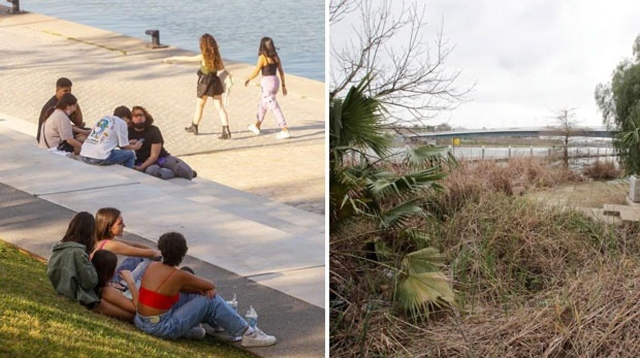 El jardín junto al río en la calle Radio Sevilla frente al Jardín Americano: las dos caras del Guadalquivir