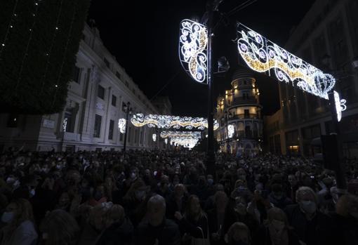 Mucho público en el momento en el que se han encendido las luces de Navidad en Sevilla