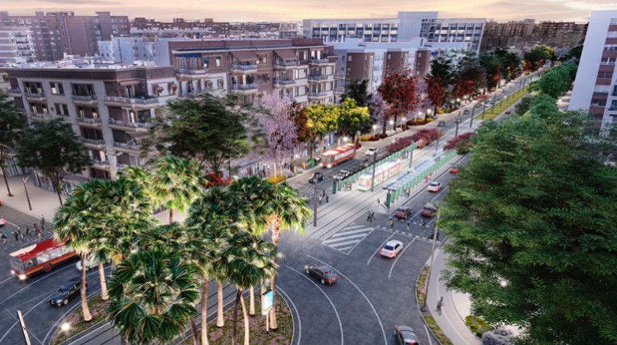 Recreación del nuevo trazado del tranvía y el corredor verde por Nervión