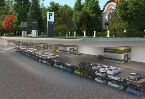 E proyecto de aparcamiento robotizado, con sistema de colocación de vehículos, que la compañía Dibein presentó hace un par de años al Ayuntamiento para el proyecto de aparcamiento junto a la glorieta del Cid