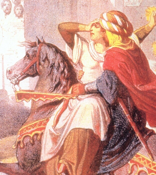 Pintura de Almanzor con una mujer a lomos de su caballo