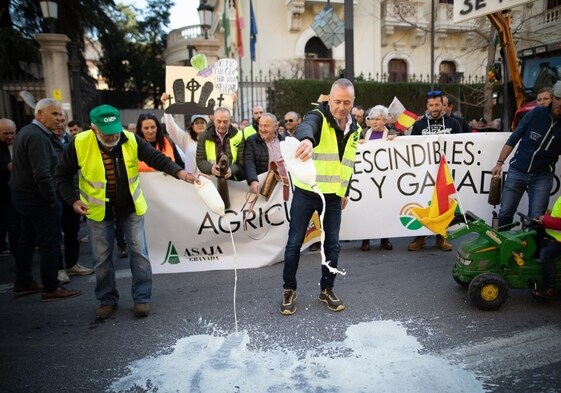 Nicolás Chica, de la Unión de Pequeños Agricultores en Granada, derrama leche ante la Subdelegación