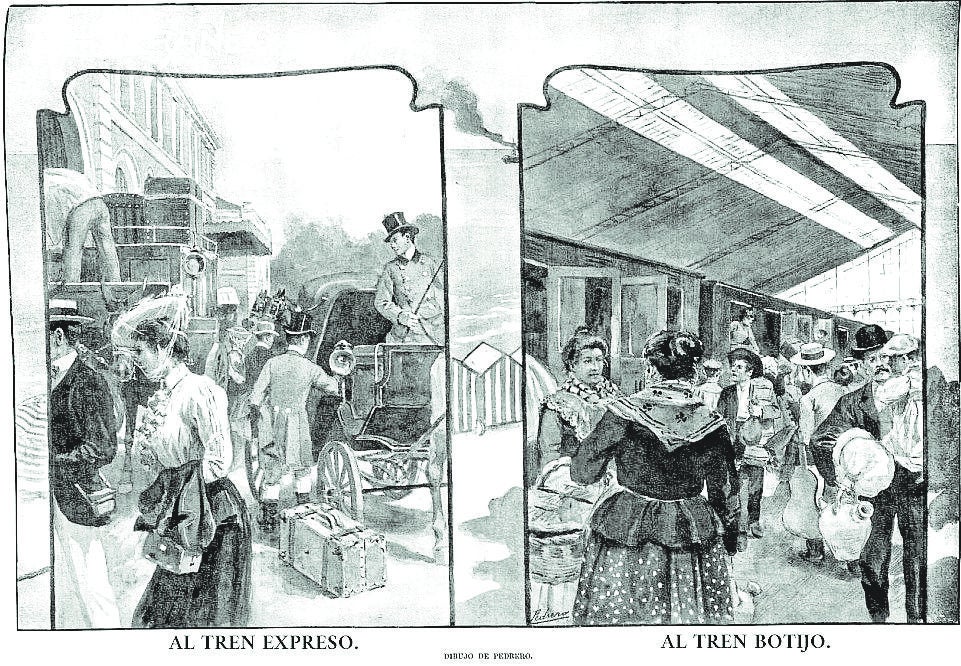Imagen que ilustraba las diferencias de clase y comodidades entre el tren Expreso y el Botijo