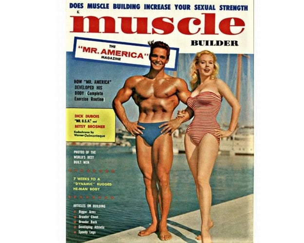 Portada de Muscle Builder. Fue la primera aparición en una portada de la futura mujer de Joe Weider:Betty Brosmer