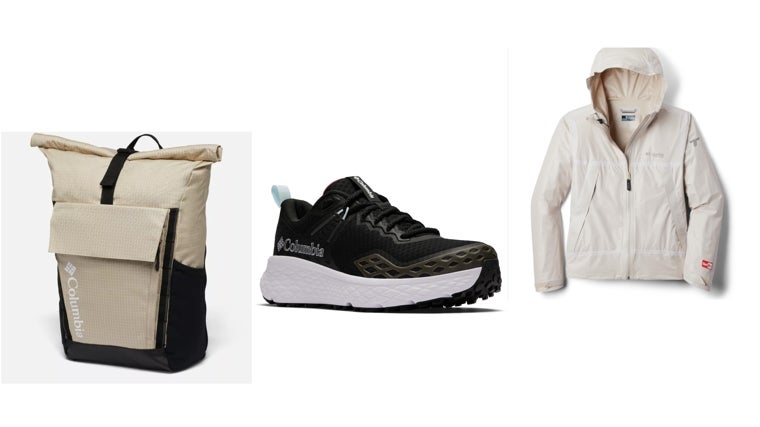 Mochila ajustable (90 euros), zapatillas de senderismo Konos OutDry (120 euros) y chaqueta impermeable (280 euros). Todo de Columbia.