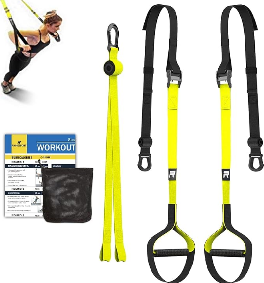 Juego de entrenamiento de suspensión con anclaje para ajustar en la puerta. Este TRX está disponible en Amazon.