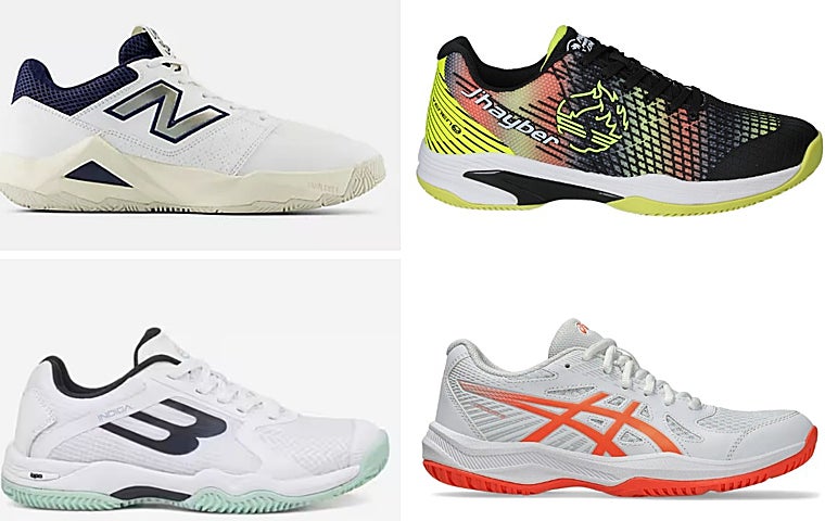 Zapatillas de pádel Coco Delray de New Balance; las Talino de J'hayber; las Bullpadel Indiga M 25V de Decathlon y las ASICS UPCOURT 6 1072A107 de Pádel Nuestro.