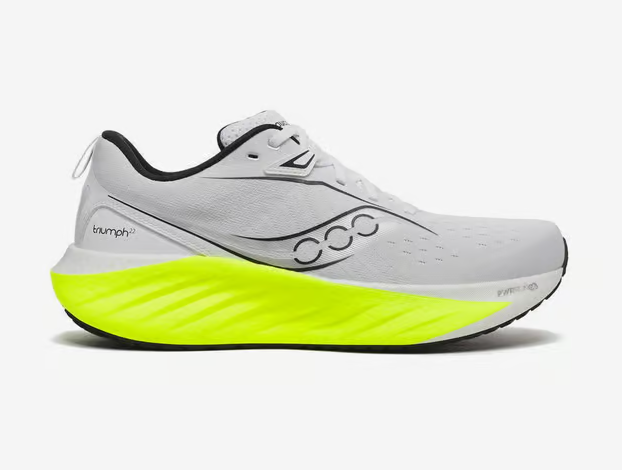 Zapatillas Saucony Triumph 22 blanco amarillo neón. Son el calzado perfecto para aquellos que buscan un alto rendimiento en cada carrera, con tecnologías innovadoras como PWRRUN PB y OrthoLite, ofrecen la comodidad y la amortiguación necesarias para superar tus límites. En Deporvillage por 129,95 euros (antes 190 euros).