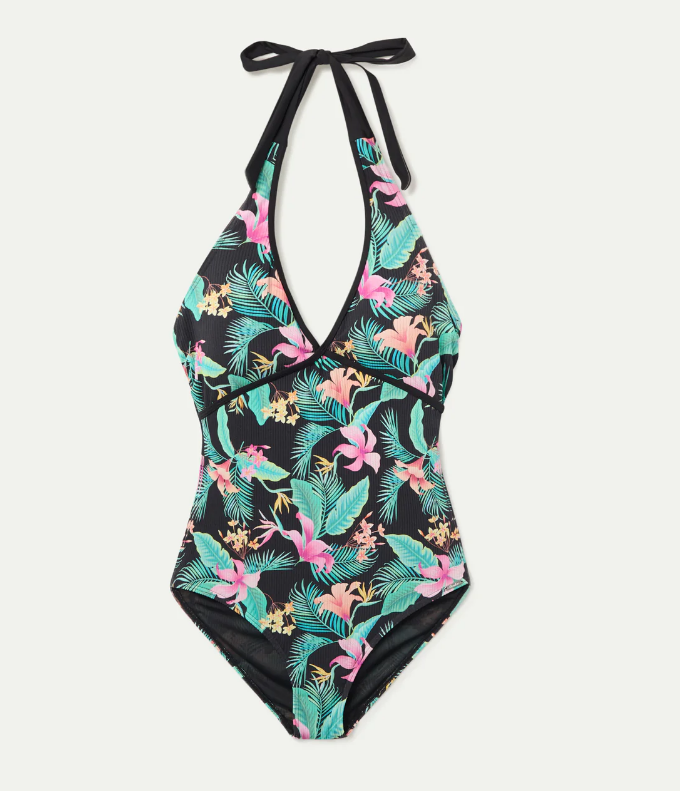 Bañador estampado con tirantes multiposiciones negro. Antes 69,99 euros y ahora 59,49 euros. Disponible en October.