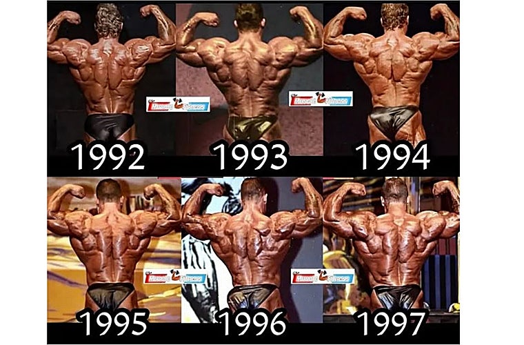 La legendaria espalda de Yates en sus seis Mr. Olympia