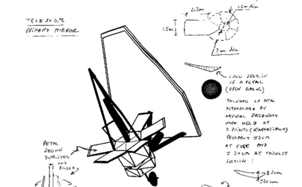 Boceto del telescopio espacial James Webb, de la NASA, en una servilleta
