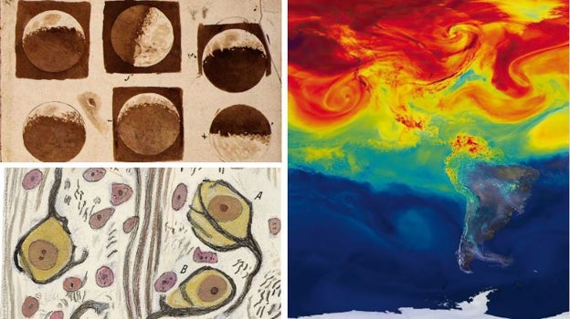 Arriba a la derecha, las fases de la Luna, por Galileo Galilei (1609); debajo, las neuronas de Ramón y Cajal (1906); a la derecha, recreación de la NASA de cómo viajan los gases de efecto invernadero en nuestra atmósfera (2014)