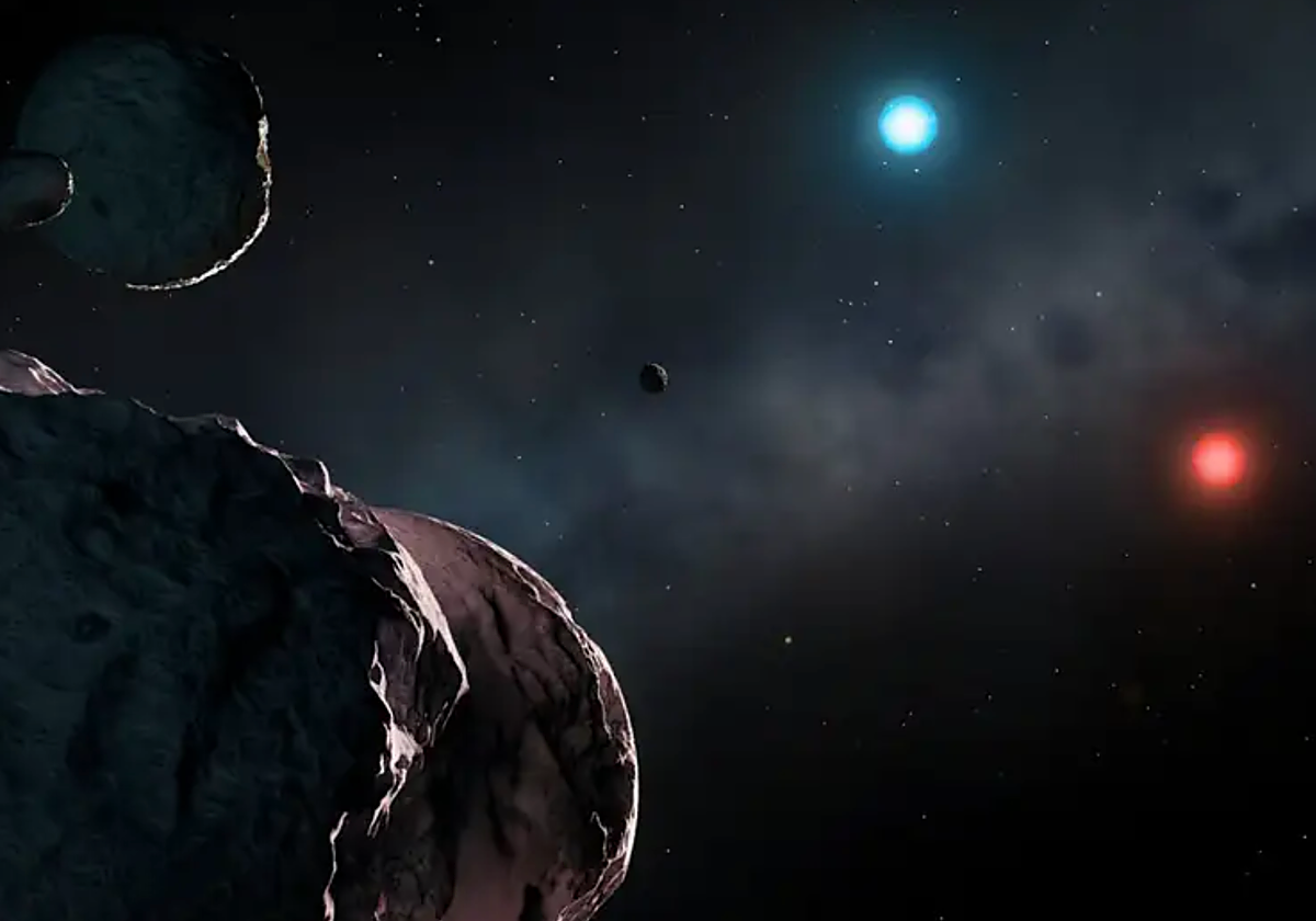 Una enana blanca (en azul y blanco), devora sus planetas miles de millones de años antes de que la Tierra existiera