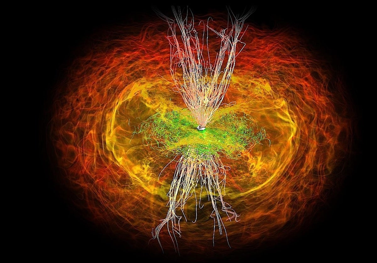 Simulación de la colisión de dos estrellas de neutrones, que se fusionan par formar un agujero negro. Sus discos de acreción interactúan y producen ondas electromagnéticas