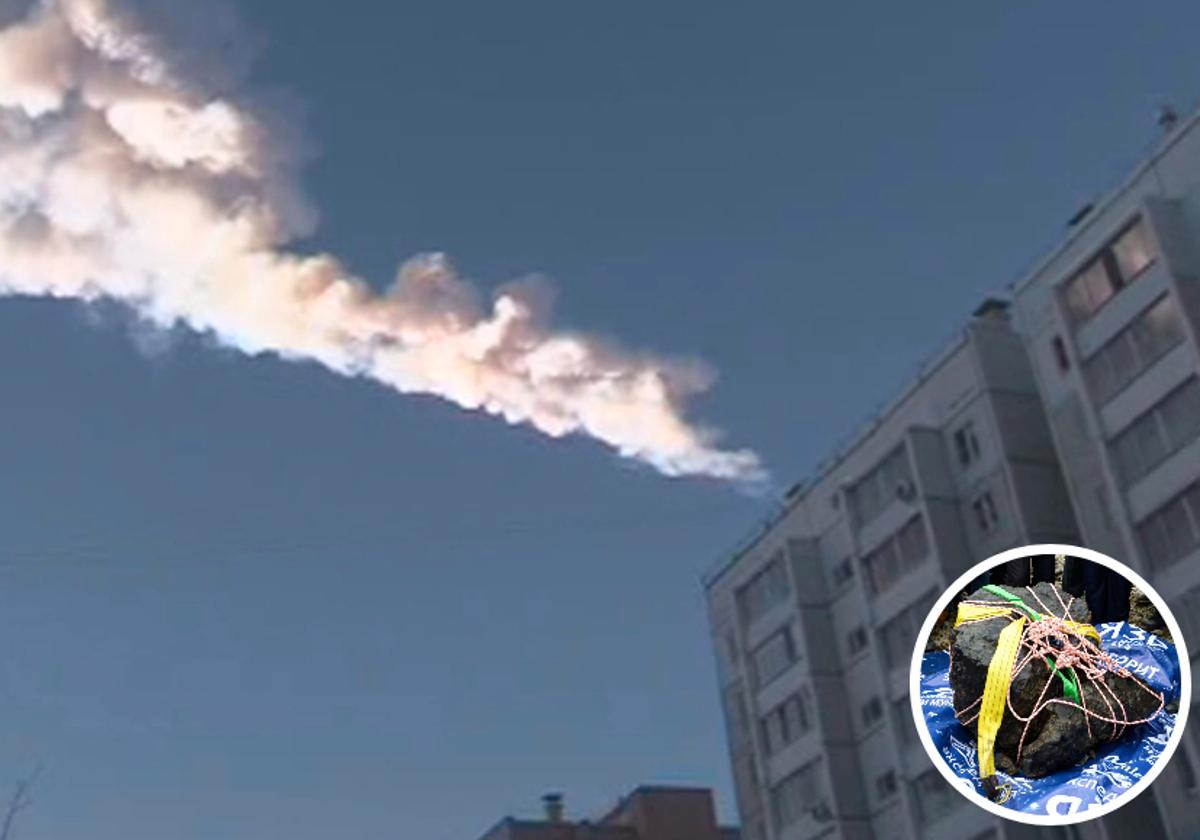 La bola de fuego sobre Chelyabinsk, en los Urales y uno de los meteoritos encontrados