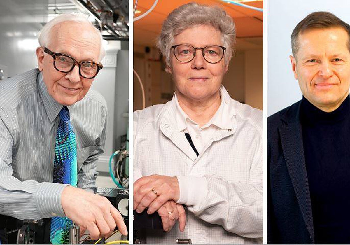 De izquierda a derecha, Paul Corkum, Anne L'Huillier y Ferenc Krausz