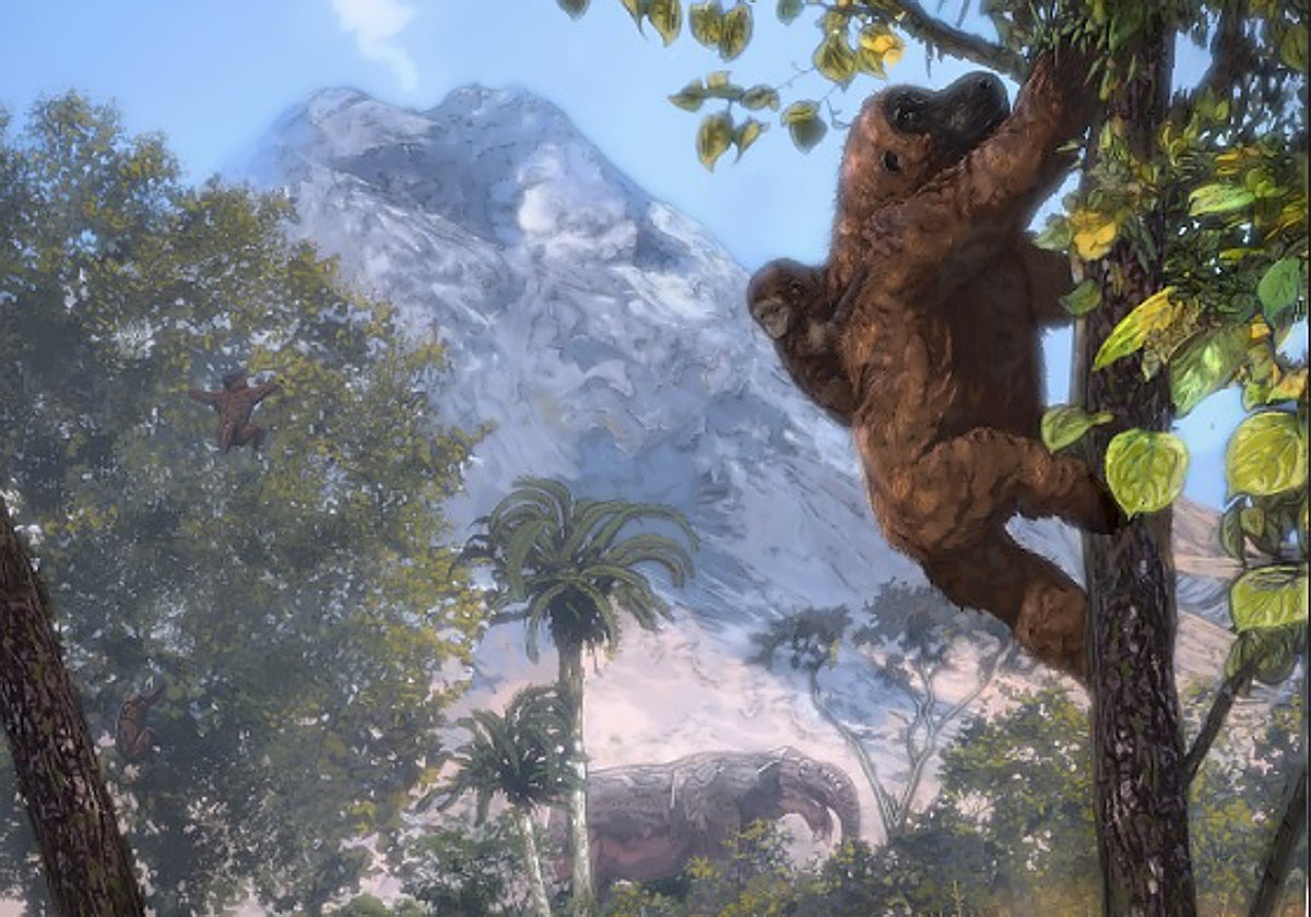 Recreación de un ejemplar de Morotopithecus trepando por un árbol con una cría a la espalda en un paisaje abierto con un volcán activo al fondo y un pariente del elefante en el centro