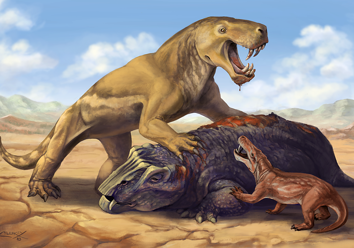 Inostrancevia con su presa, un dicinodonte, asustando a la especie africana mucho más pequeña, Cyonosaurus