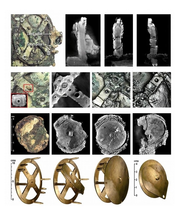 Evidencia de los Fragmentos, placas y engranajes reconstruidos