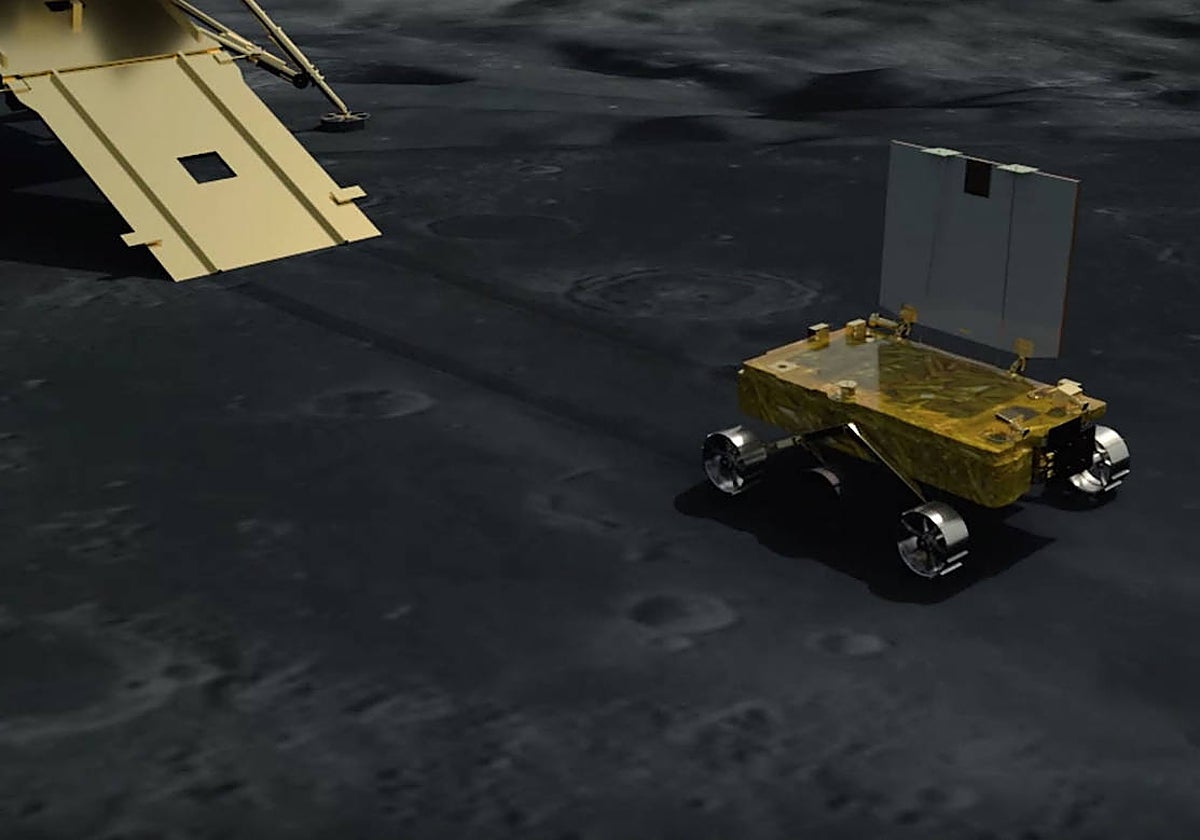 Recreación del rover Pragyaan sobre la superficie lunar