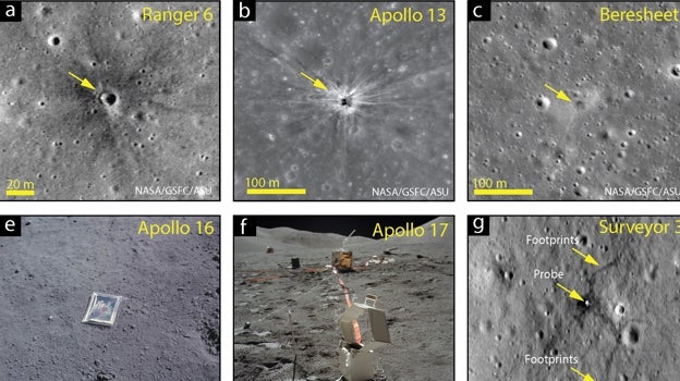 Cráteres y restos dejados por el impacto o la presencia de naves espaciales y astronautas en la Luna