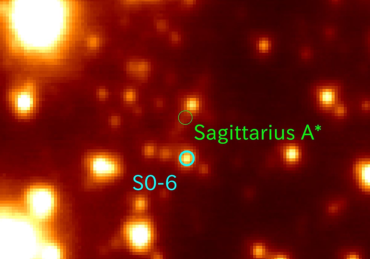La región central de la Vía Láctea capturada por el Telescopio Subaru. La estrella S0-6 (círculo azul) se encuentra a sólo unos 0,04 años luz del agujero negro supermasivo Sagitario A*