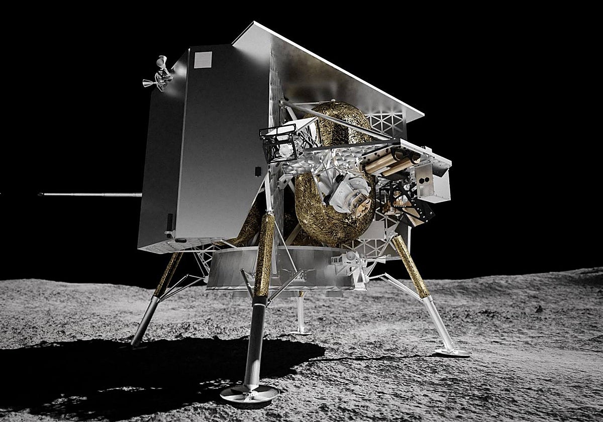 Ilustración del módulo de descenso Peregrine Mission1 sobre la superficie de la Luna