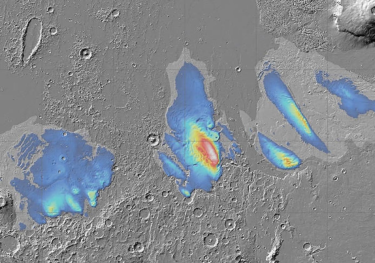 Mapa de espesor potencial del hielo en la formación Medusae Fossae, en el ecuador de Marte
