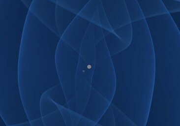 En la ilustración, un pequeño agujero negro (en gris) y una estrella de neutrones (en naranja) en vías de fusionarse. Las ondas gravitacionales generadas van del azul oscuro (que representa una densidad de 60 gramos por cm cúbico) al blanco (600 kg por cm cúbico)