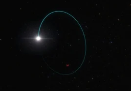 En la ilustración, el agujero negro estelas Gaia H3, orbitado de cerca por una estrella compañera, cuyos 'bamboleos' hicieron posible su descubrimiento