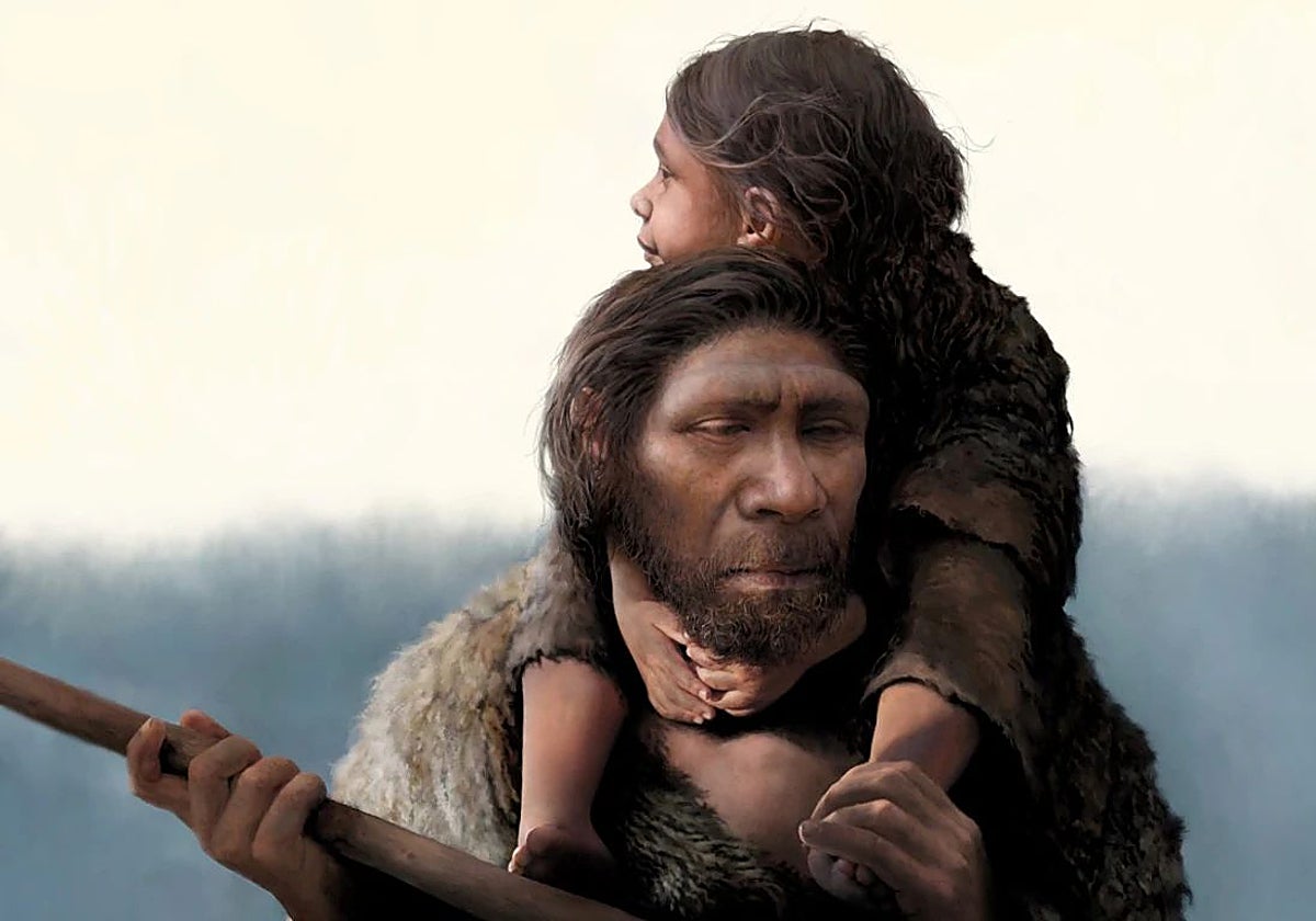 La ilustración muestra a un neandertal con su hija