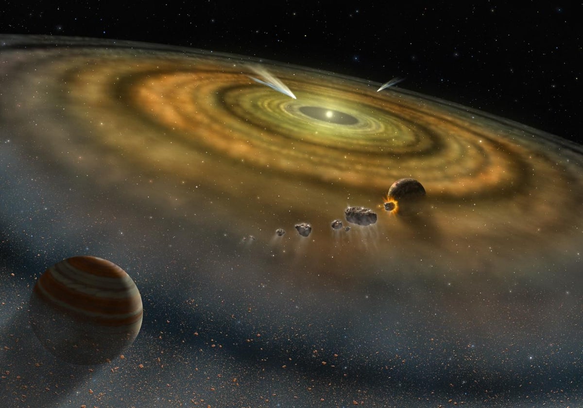 Ilustración que muestra el choque de asteroides gigantes en el sistema Beta Pictoris