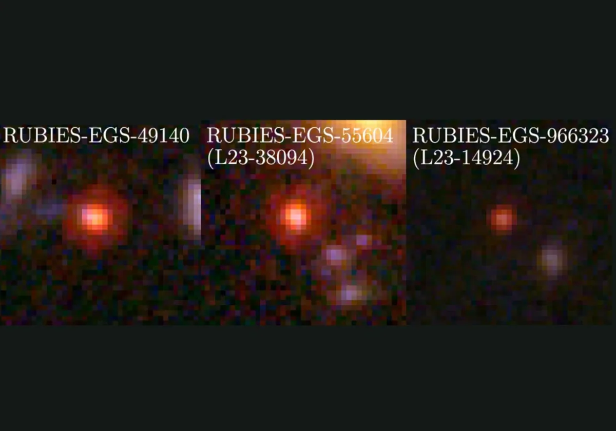 Tres objetos misteriosos en el universo primitivo. Aquí se muestran sus imágenes en color, compuestas a partir de tres bandas de filtros NIRCam a bordo del Telescopio Espacial James Webb