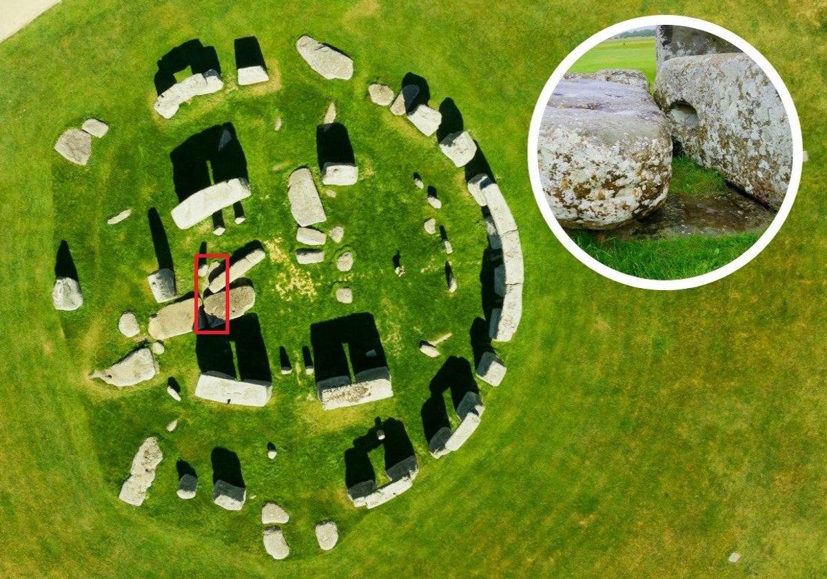 En la imagen principal, señalado en el recuadro rojo, la posición de la Piedra del Altar, la roca examinada en el estudio; en el círculo, detalle de la superficie de la roca, de un tono verdoso en el suelo, a la altura de la hierba