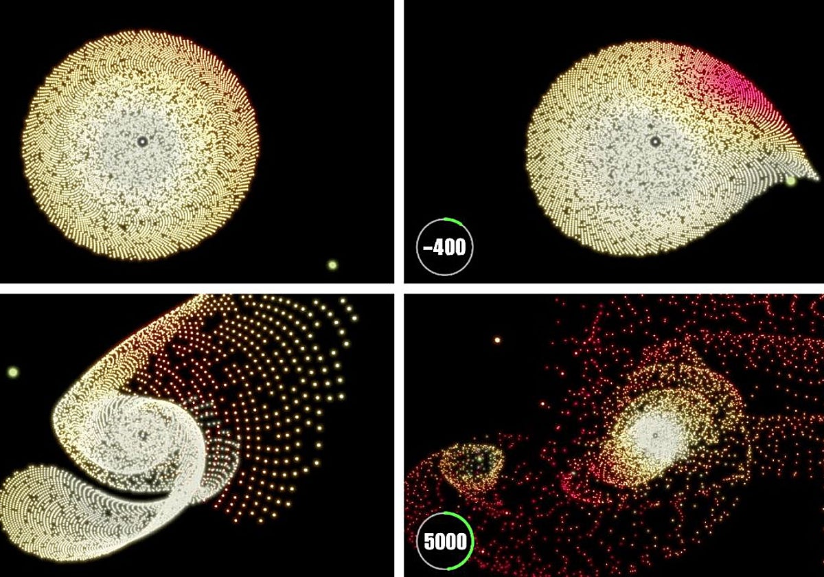 En la imagen, algunas de las simulaciones de los científicos del paso cercano de una estrella hace miles de millones de años